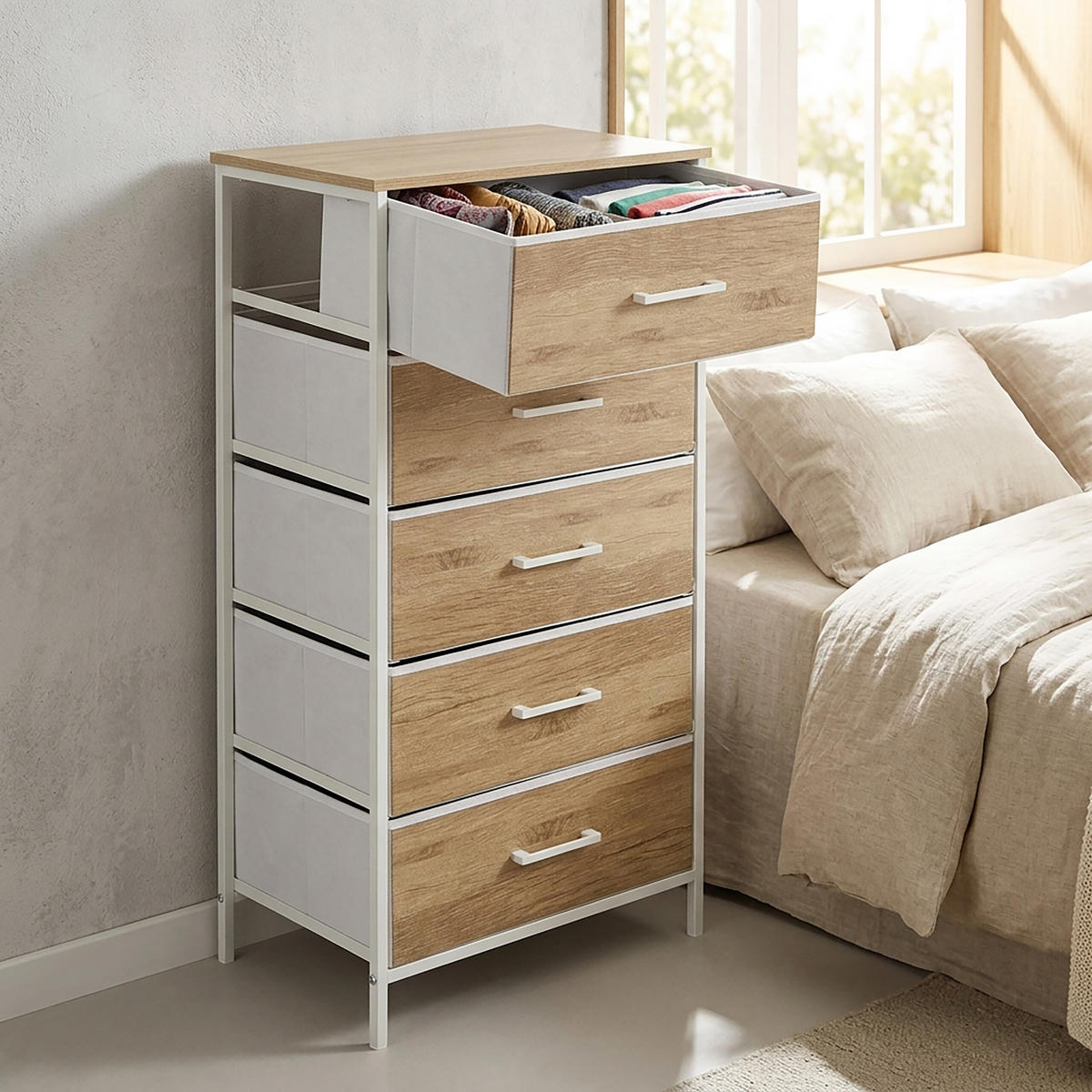 KOMODA Drvni dekor-Bijela 5 ladica - svijetlo smeđa, drvni materijal/metal (45/94/30cm) - Relaxdays