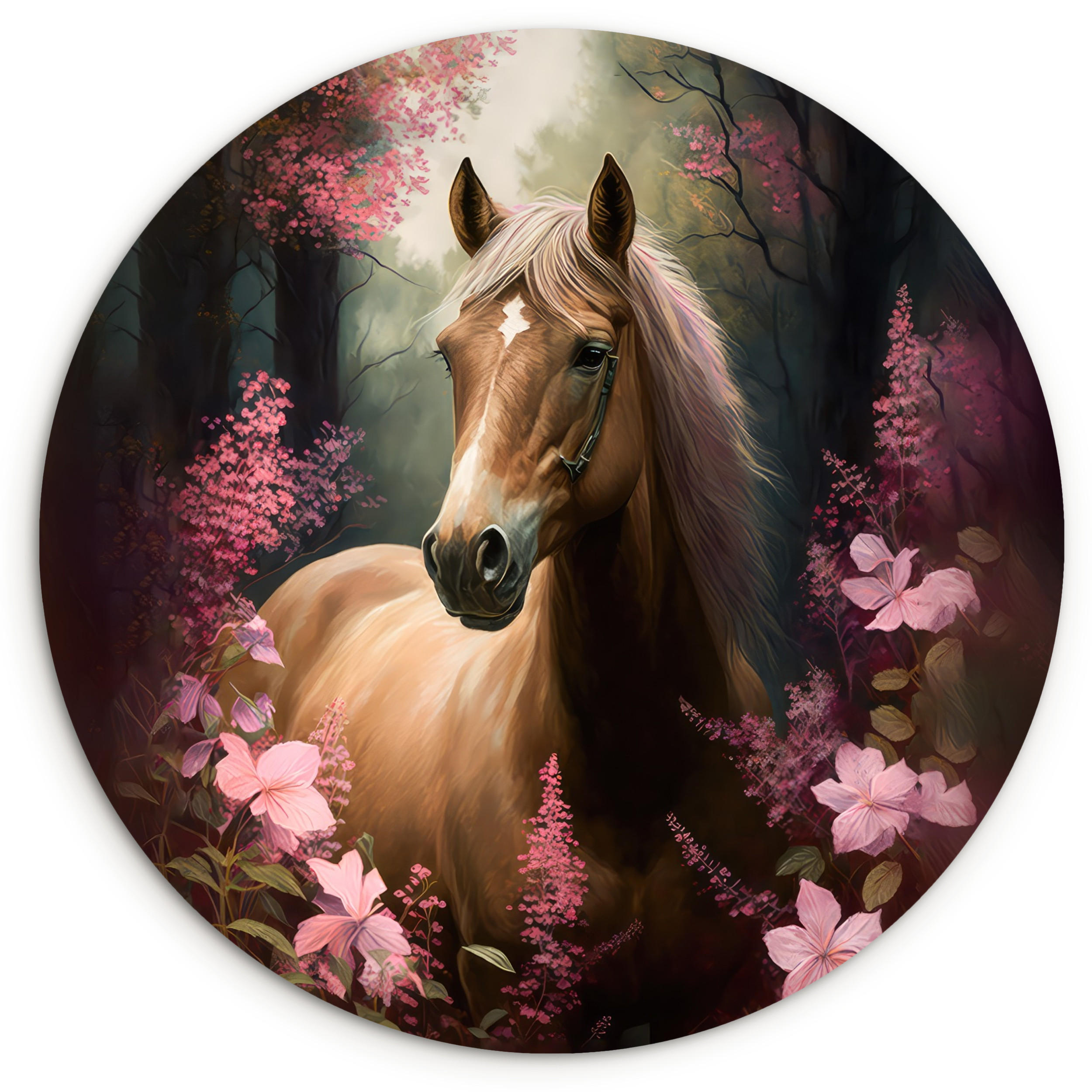 WANDBILD Pferd - Blumen - Rosa - Natur - Wald 140x140 cm - Altrosa, Kunststoff (140/140cm) - MuchoWow