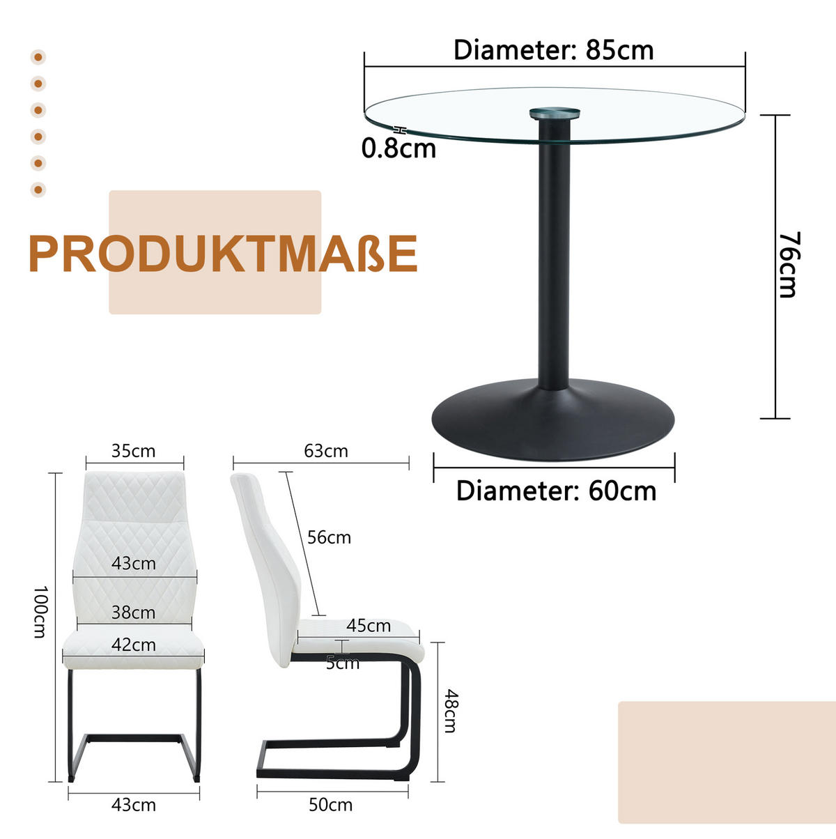 TISCH-STUHL-SET mit Glastisch und 2 Stühlen Schwarz Weiß - Schwarz, Metall (85/76/85cm) - Meubliv