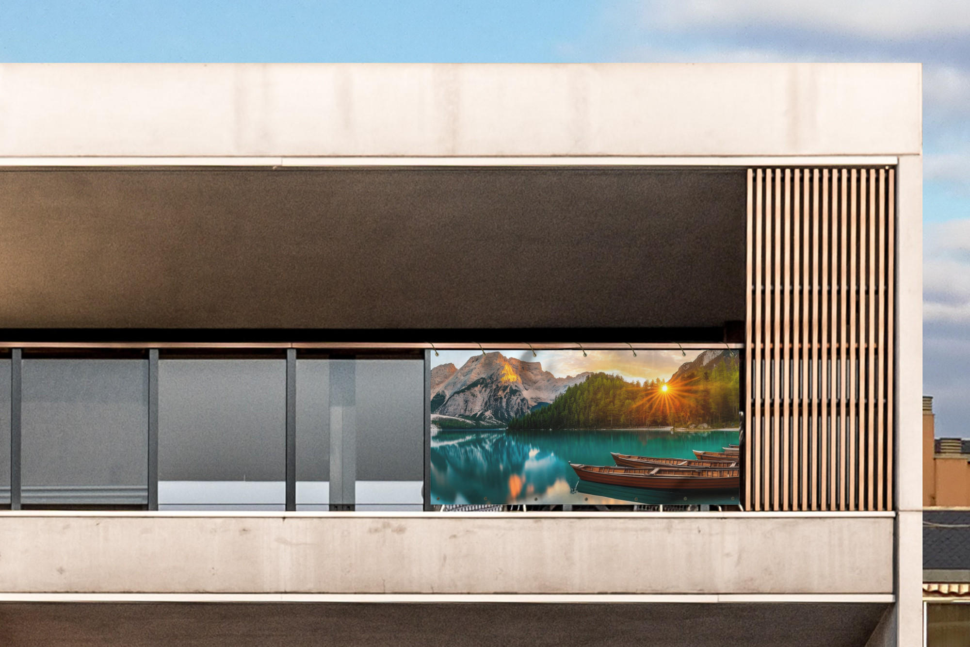 BALKON-SICHTSCHUTZ See - Berge - Sonnenuntergang - Boot - Petrol, Kunststoff (200/110cm) - MuchoWow