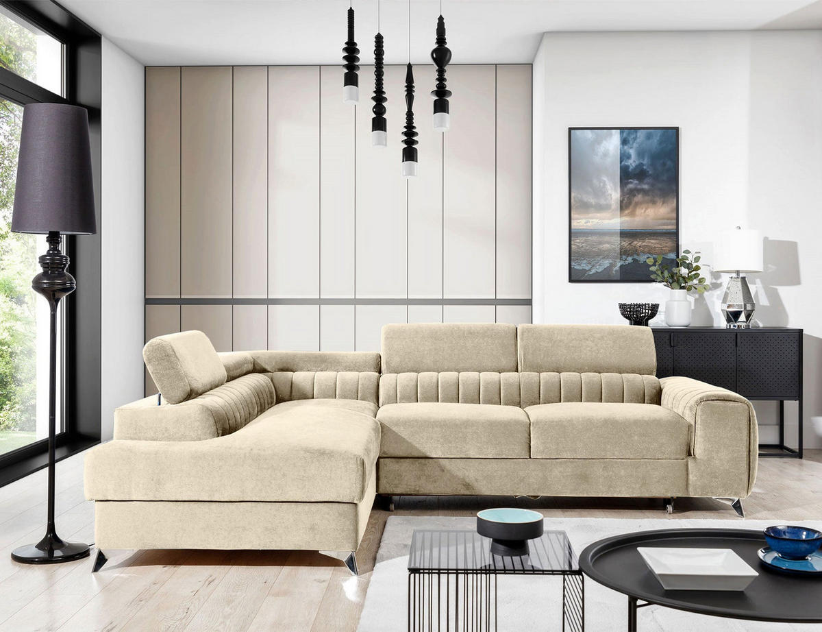 ECKSOFA Laurence mit Schlaffunktion & Bettkasten – 278 x 205 cm, verstellbare Kopfstützen - Beige, Kunststoff (278/205cm) - Wohnideebilder