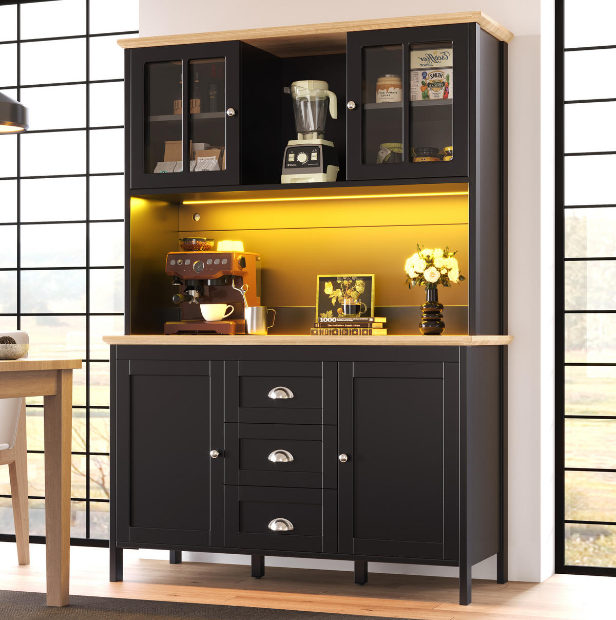 BUFFET 120/40/179 cm schwarz aus MDF/Metall mit LED - Schwarz, Holzwerkstoff (120/179/40cm) - OKWISH