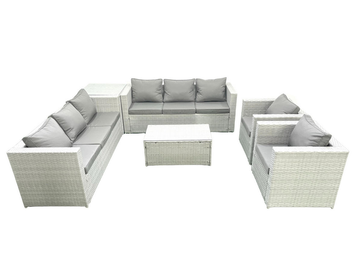 GARTENGARNITUR mit 3-SITZER SOFA,COUCHTISCH Polyrattan Hellgrau-Mix 8-Sitzer - Hellgrau/Grau, Glas/Kunststoff - Fimous