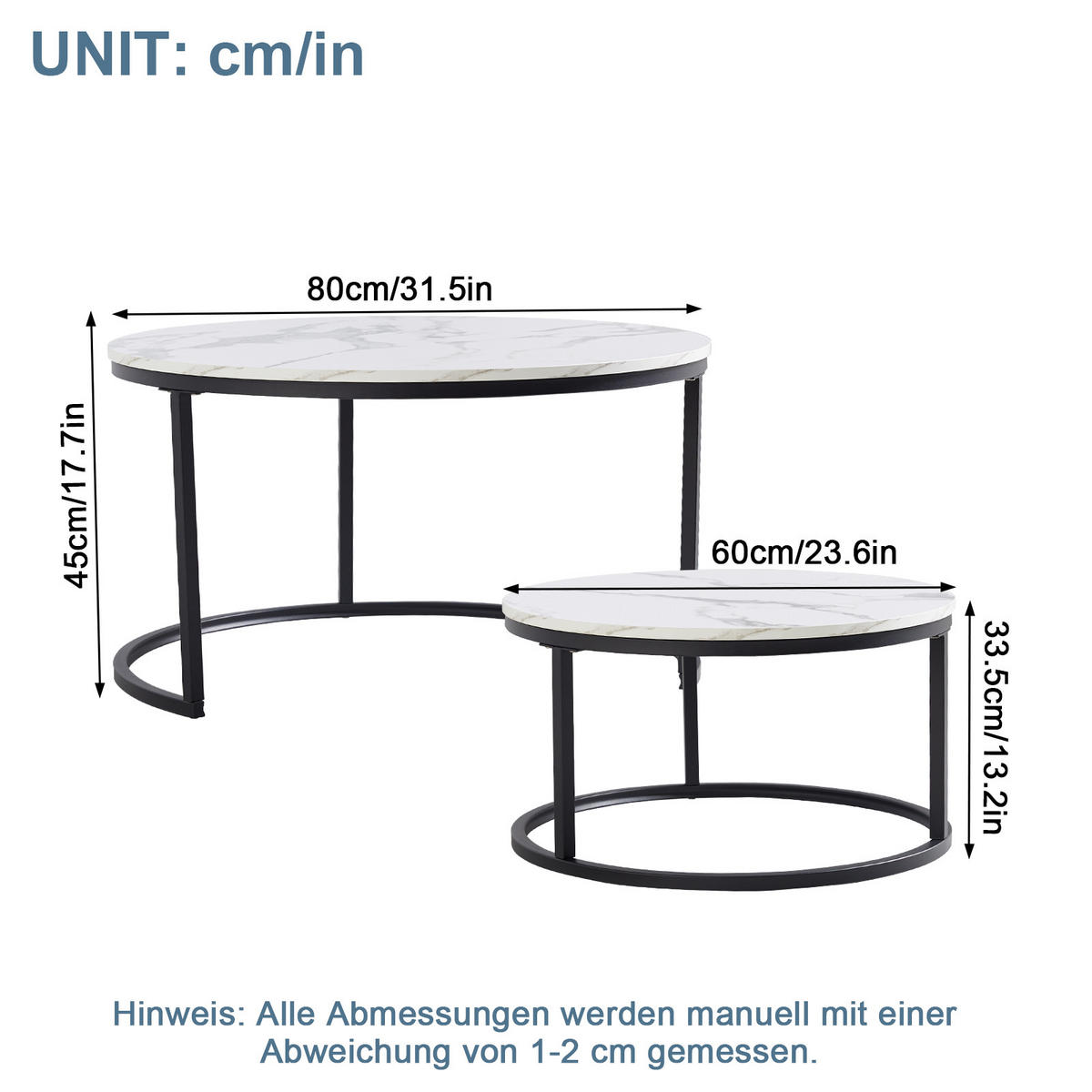 COUCHTISCH 2er-Set mit Eisenrahmen und MDF-Platte - Weiß, Holzwerkstoff (80/80/45cm) - OKWISH