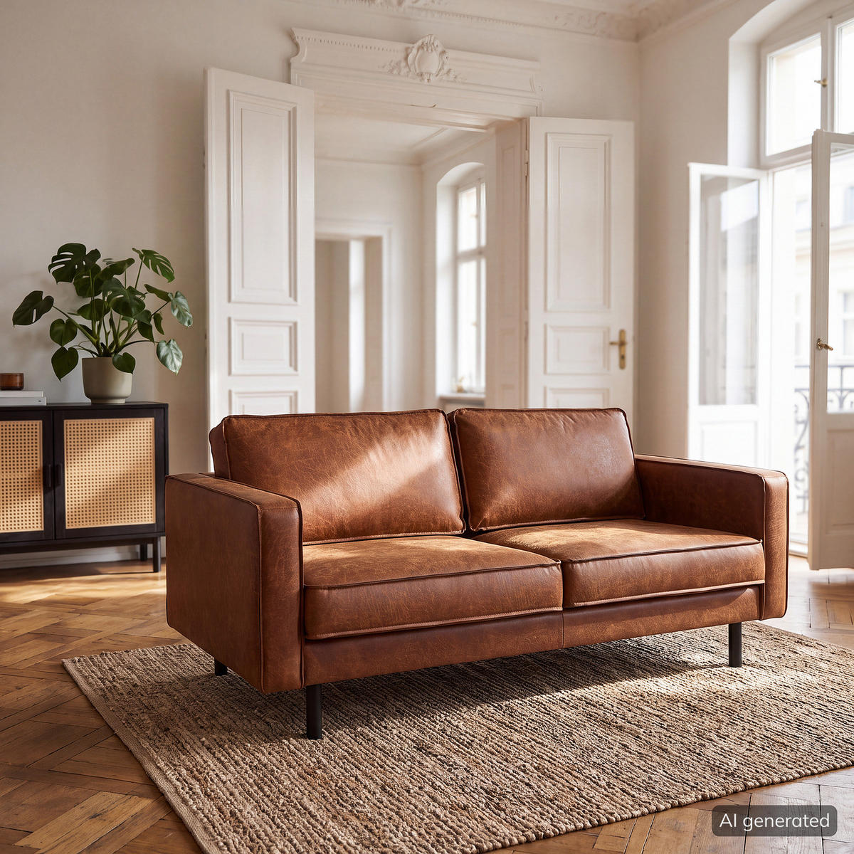 2-SITZER SOFA - Cognac/Schwarz, Leder/Textil (164/81/96cm) - home24