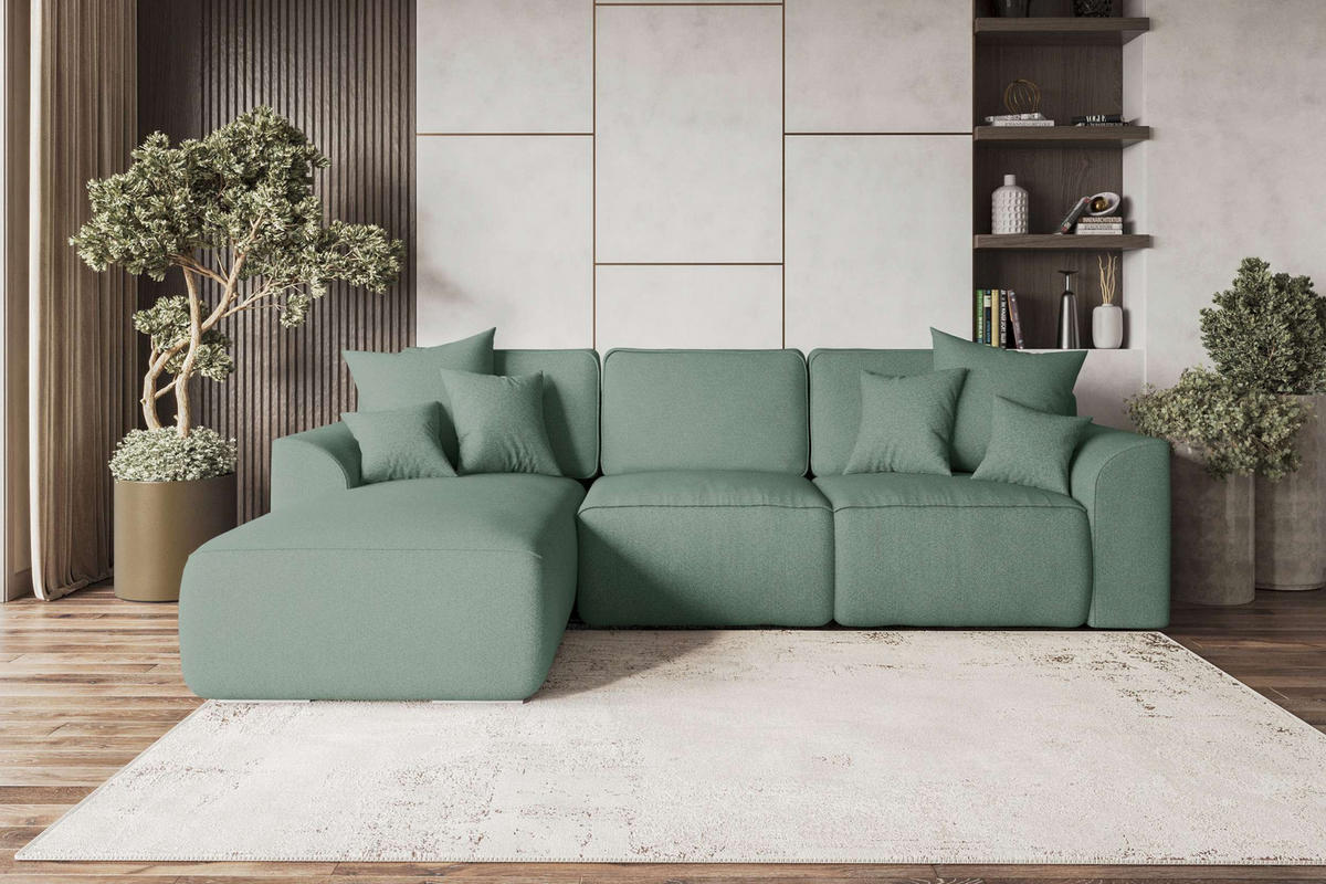 ECKSOFA GUSTO Strukturstoff Salbeigrün Links inkl. Schlaffunktion - Chromfarben/Salbeigrün, Kunststoff/Textil (194/295cm) - 99rooms