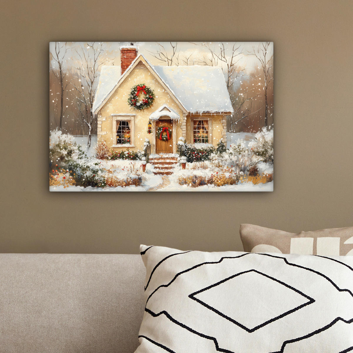 LEINWANDBILD Weihnachten - Zuhause - Winter - Schnee 30x20 cm - Creme, Textil (30/20cm) - MuchoWow