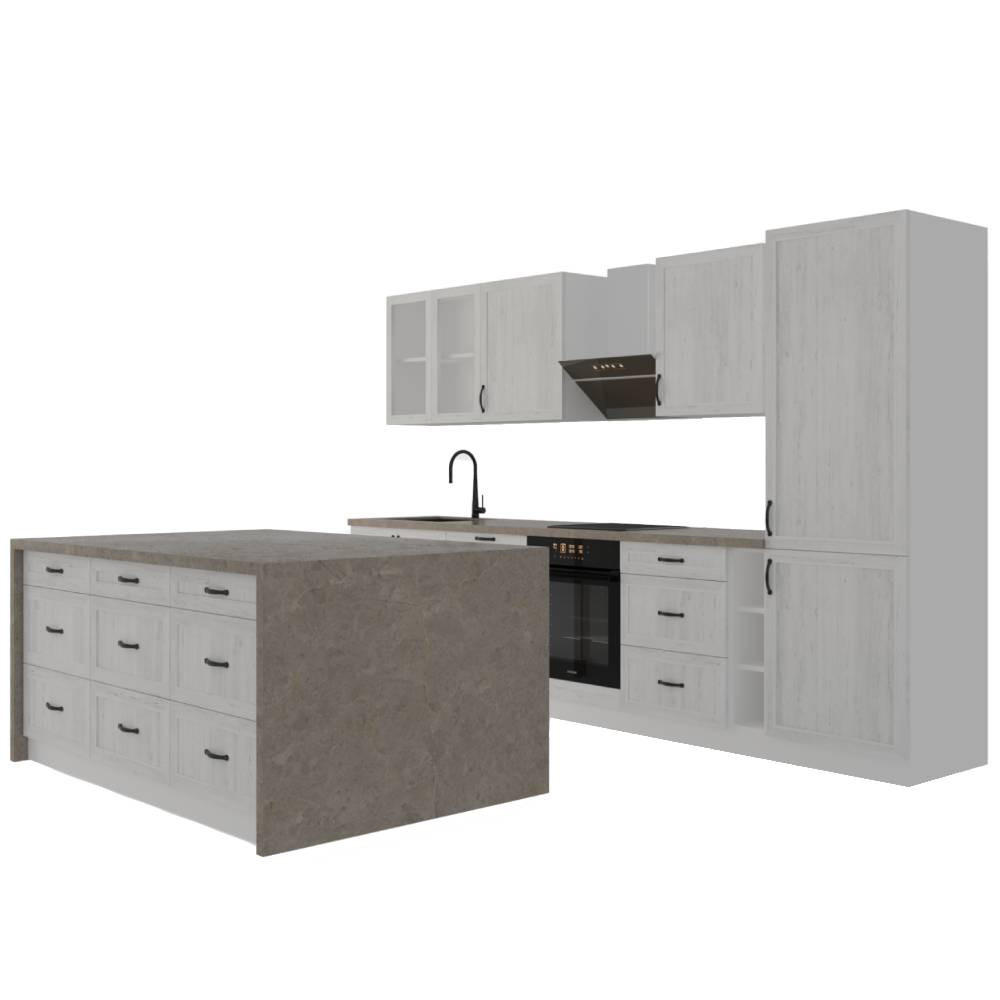 KÜCHENZEILE Mit Insel 340 cm - Sycylia K29-M340 - in Weiß Creme - Kieferfarben, Holz/Metall (340/212/60cm)