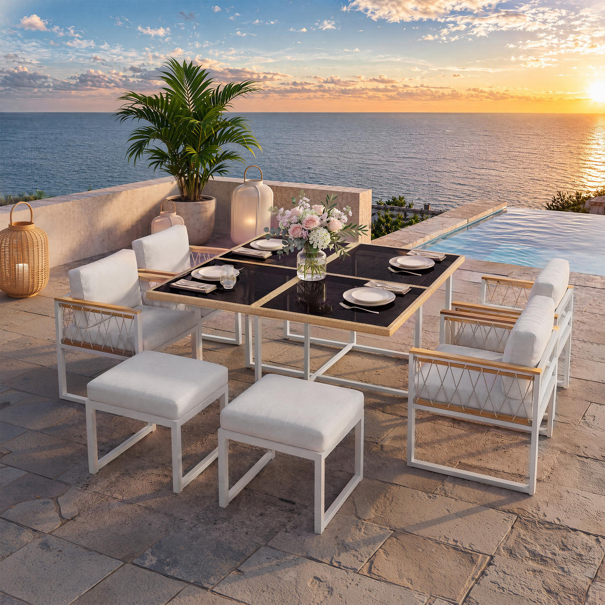 GARTENMÖBELSET 7tlg 6 Personen Glastisch WPC Balkon Terrasse - Multicolor, Metall - FLIEKS