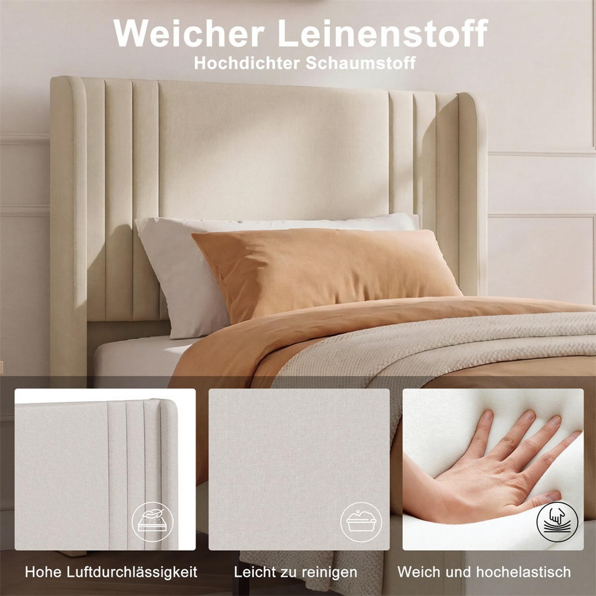 POLSTERBETT 90 x 200 cm aus Leinen mit gepolstertem Kopfteil - tabile Bettbeine ohne Matratze - Beige - Beige, Textil (90/200cm) - DELFA