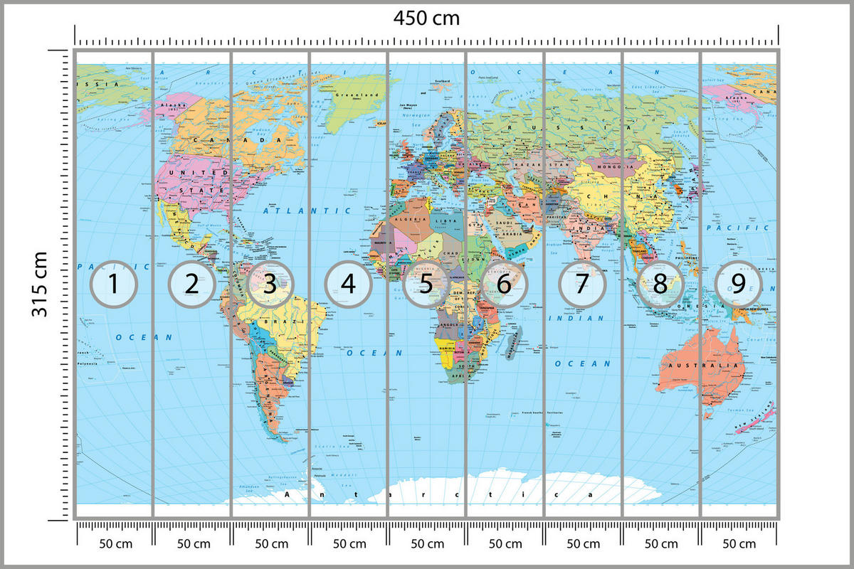 FOTOTAPETE für Wohnzimmer Politische Weltkarte Kontinente 450x315 - Gelb/Rosa, Papier (450/315cm) - Muralo