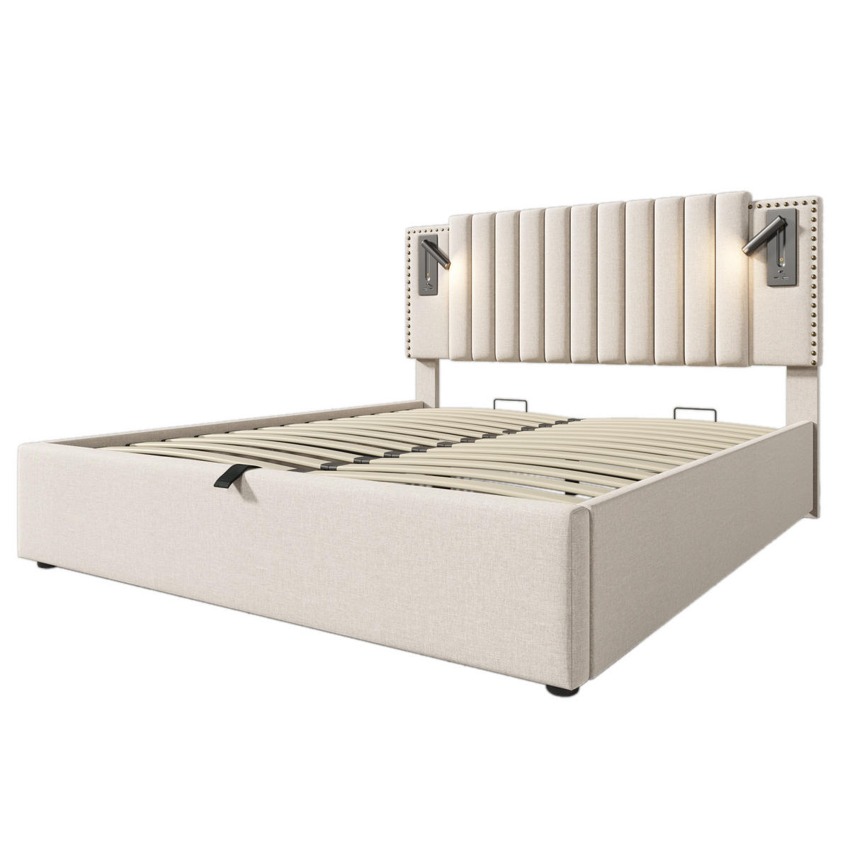 POLSTERBETT 140/200 cm mit Matratze, USB-Typ-C, Leselicht, Bettkasten und verstellbarem Kopfteil, Beige - Beige, Textil (140/200cm) - Redom