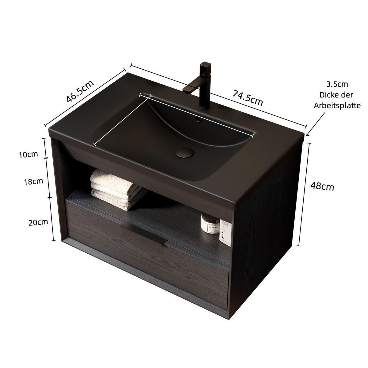 WASCHTISCHKOMBI 75 cm aus Keramik mit Schublade und offenem Regal - Schwarz, Keramik (74.5/51.5/46.5cm) - OKMYHOME