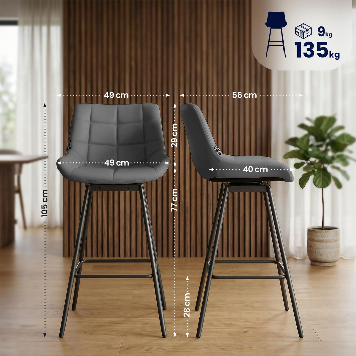 BARHOCKER Lederlook Grau - Schwarz/Grau, Textil/Metall (49/105/56cm) - CLP