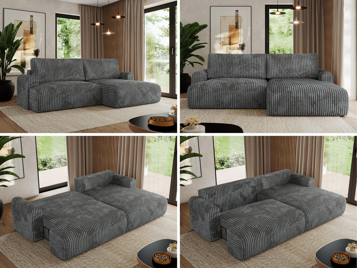 ECKSCHLAFSOFA TONO L Dunkelgrau Cord - rechts - Dunkelgrau/Schwarz, Kunststoff/Textil (150/260cm) - MKS