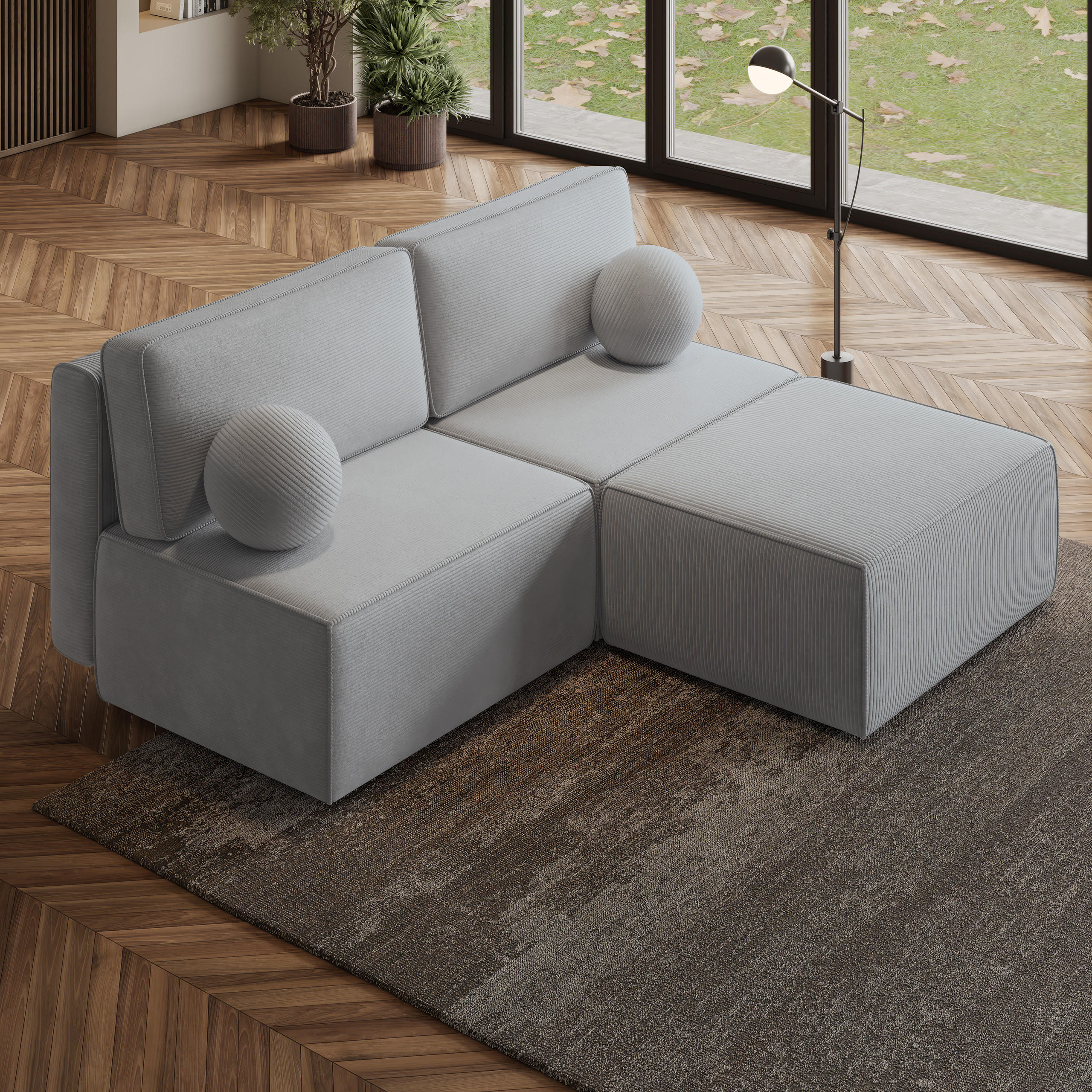 ECKSOFA VARNA P Hellgrau Kordstoff mit Schlaffunktion - Hellgrau, Holz (196/158cm) - MASSENO