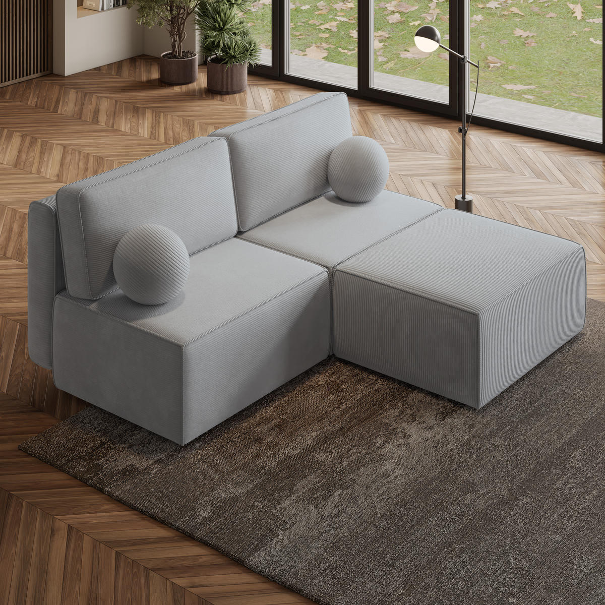 ECKSOFA VARNA P Hellgrau Kordstoff mit Schlaffunktion - Hellgrau, Holz (196/158cm) - MASSENO