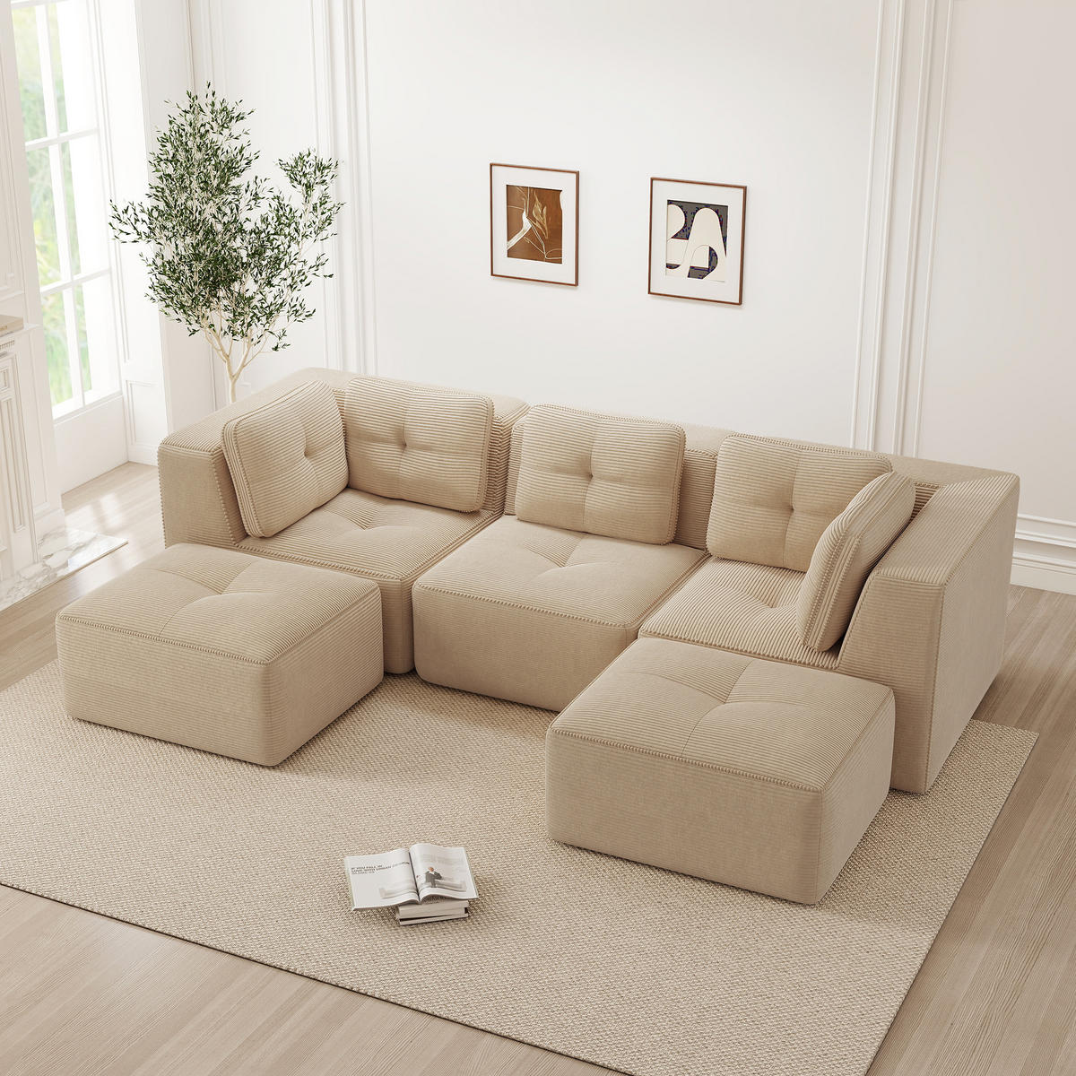 3-SITZER Sofa 297x177x69 cm aus Cordstoff rahmenlos modular mit 2 Ottomans, beige - Beige, Textil (177/69/297cm)