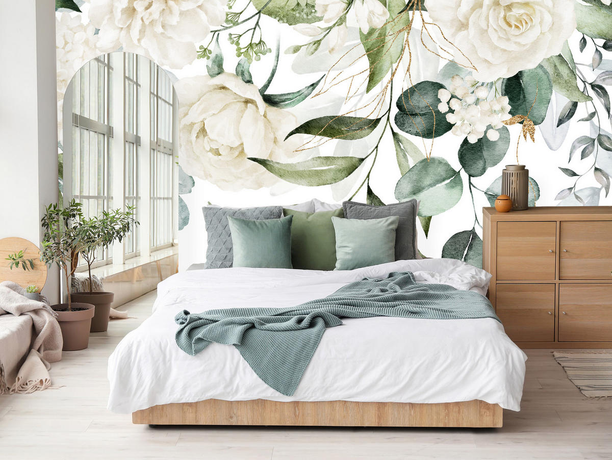 FOTOTAPETE für Schlafzimmer Aquarell Weiße Blumen Pfingstrosen Blätter Natur 450x315 - Creme/Weiß, Papier (450/315cm) - Muralo