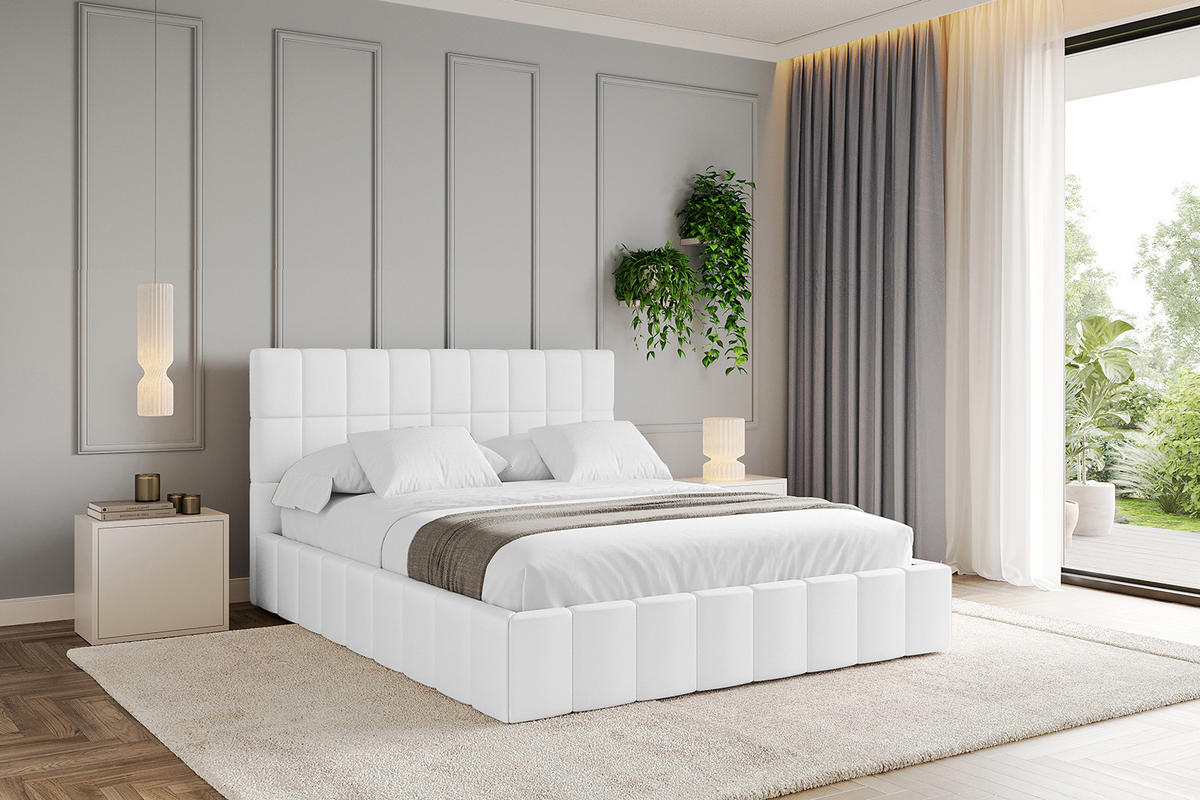 POLSTERBETT mit Bettkasten und Lattenrost, Boxbett ohne Matratze - AMEA 180x200 Weiß Kunstleder - Weiß Hochglanz, Holzwerkstoff/Textil (180/200cm) - ALTDECOR