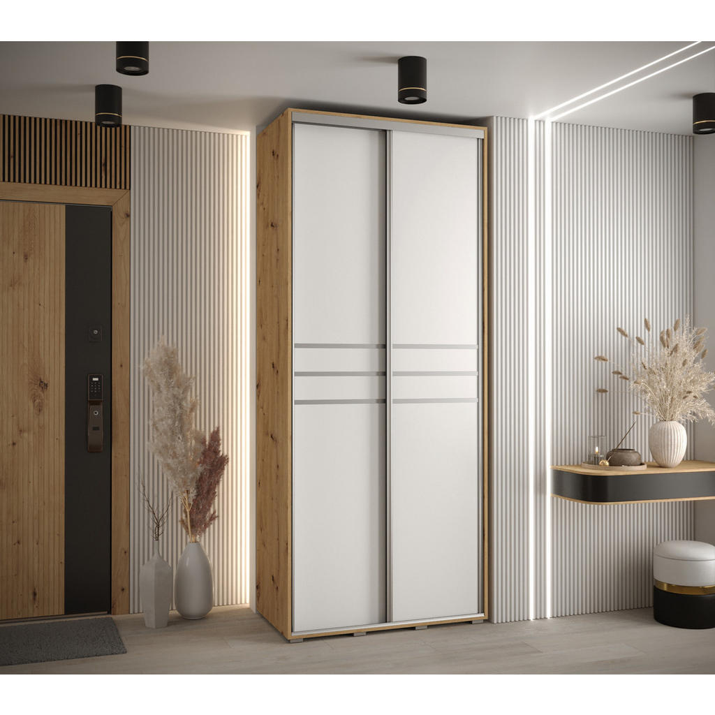 Thumbnail - Abiks Möbel Schwebetürenschrank, Eiche Artisan, Weiß, Silber, Metall, Nachbildung, 6 Fächer, 110x235x60 cm, Schlafzimmer...