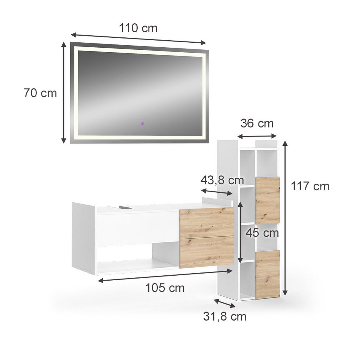 BADMÖBEL-SET Alf Weiß 3 Teile - Eichefarben/Weiß, Holzwerkstoff (105/45/43cm) - Vicco