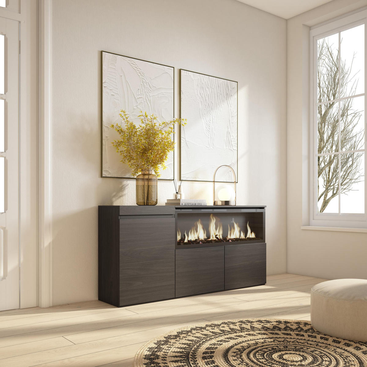 SIDEBOARD Highboard, Elektrokamin XXL, schwarz, 158/35/75cm - Schwarz, Holzwerkstoff (158/75/35cm) - Skraut Home