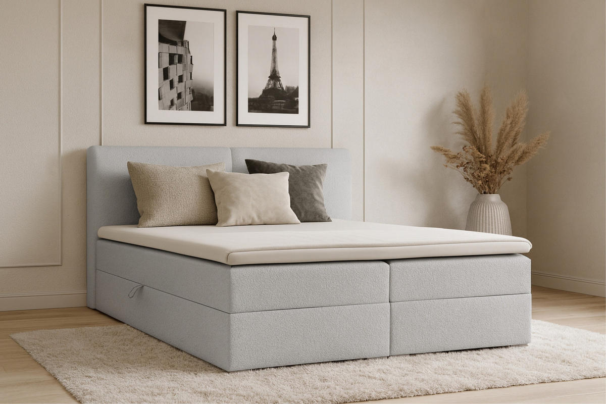 BOXBETT LINA 140/200 in Boucle Hellgrau H4 - Hellgrau, Holz/Holzwerkstoff (140/200cm) - Deine Möbel 24