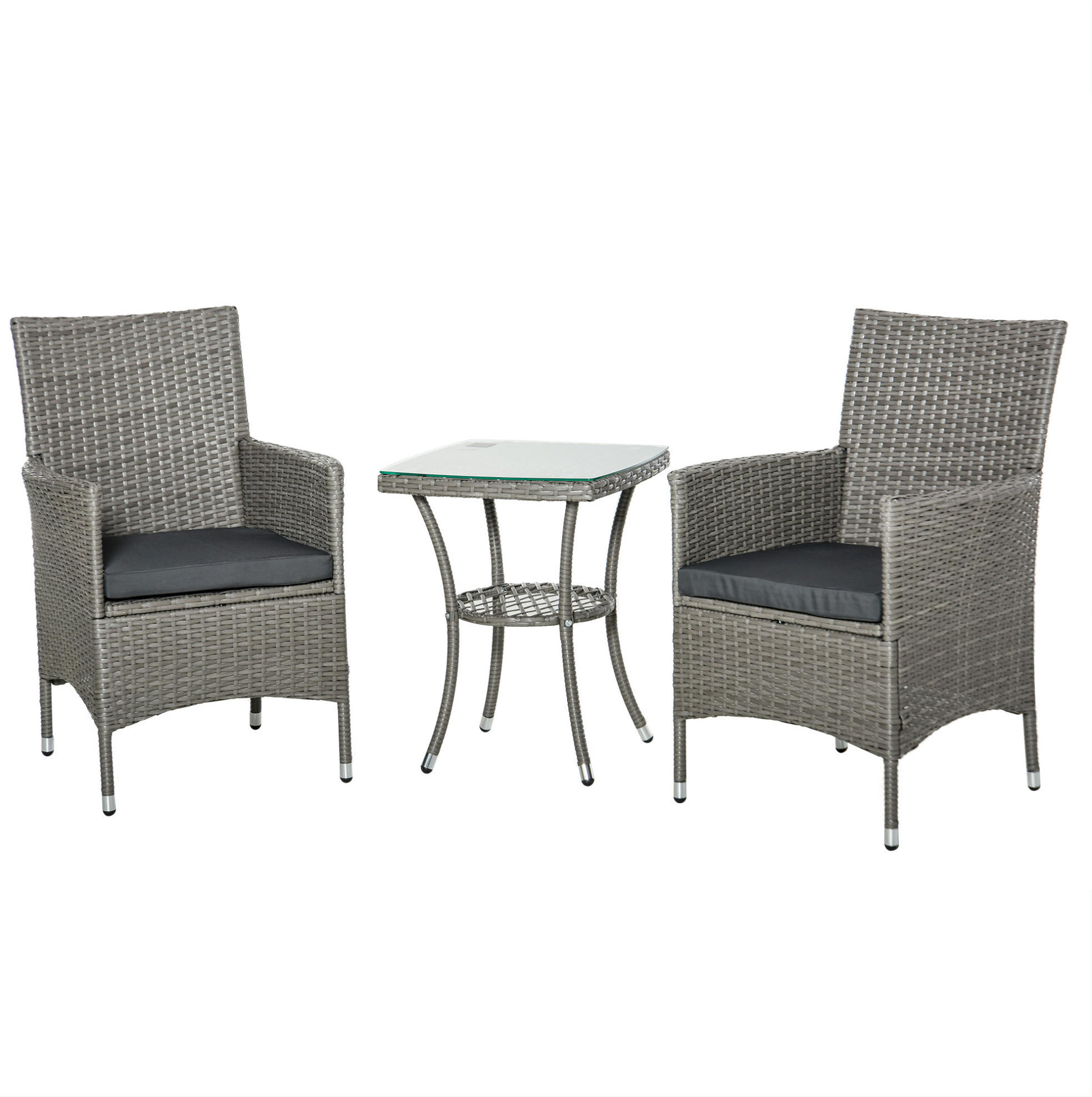 BALKONMÖBEL-SET 60/58,5/89,5 cm, 3-teilig mit Sitzkissen und Glastisch, Grau - Grau, Naturmaterialien - Redom