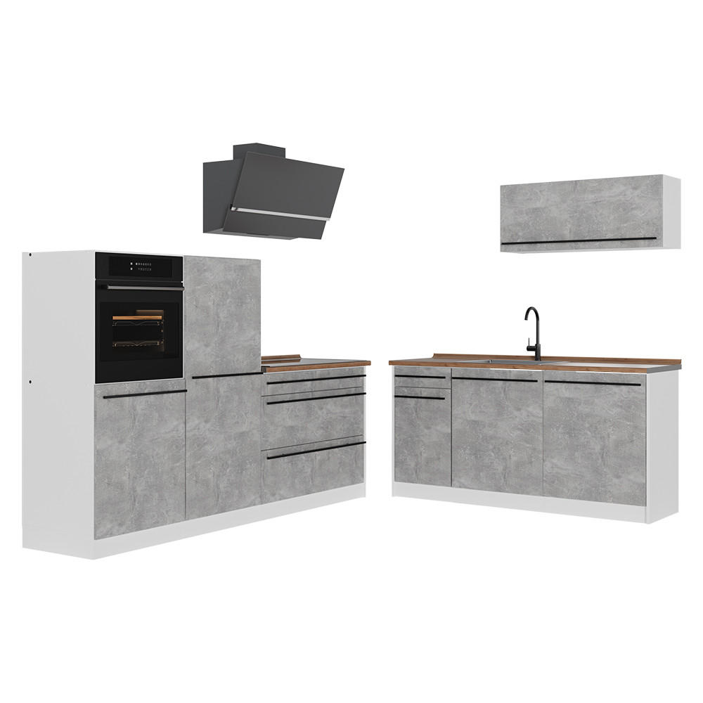 KUCHYŇSKÝ KOUT R-Line, Beton/Bílá, 220 cm pracovná doska Dub Goldkraft - šedá/bílá, kompozitní dřevo (220/143/60cm) - Vicco