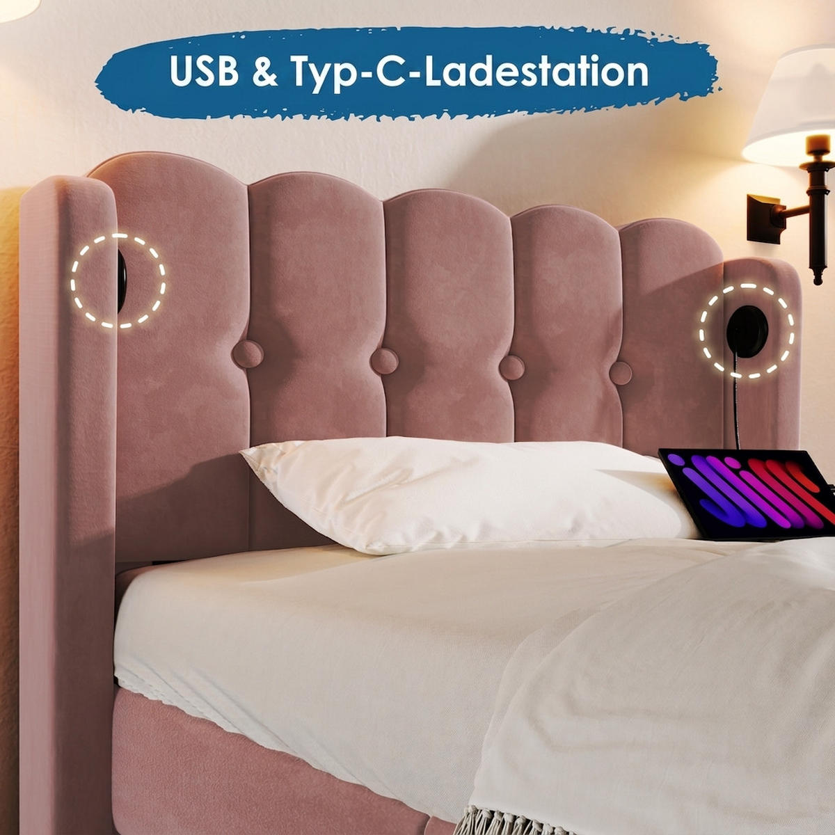 POLSTERBETT 90/200 cm Rose mit USB Typ C Ladefunktion - Rosa, Textil (90/200cm) - Oxeza