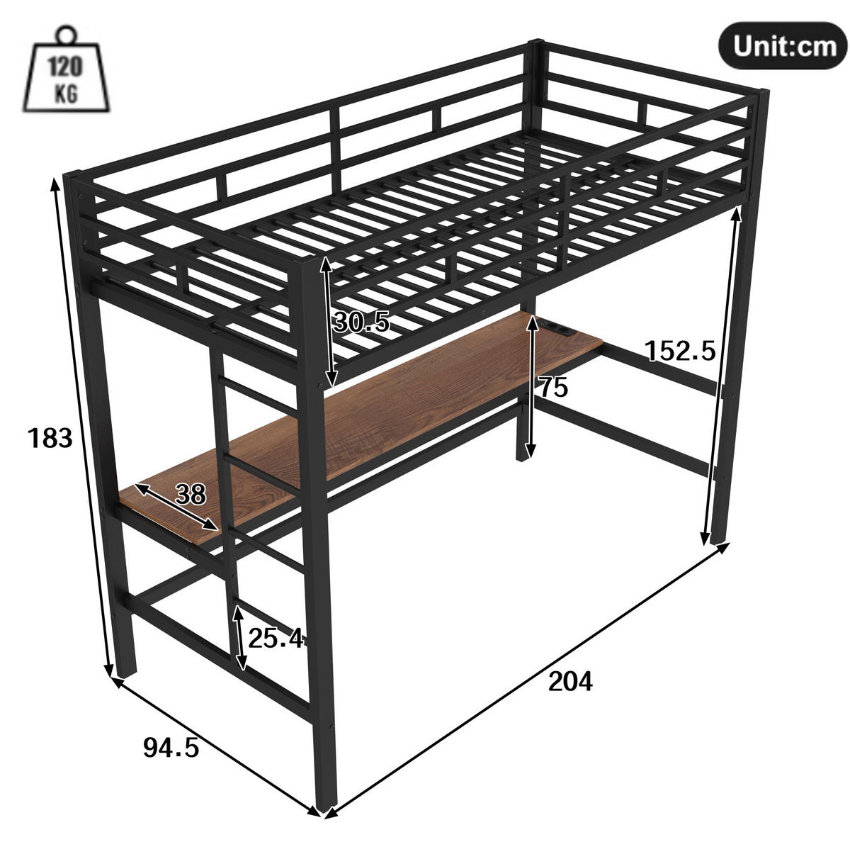 HOCHBETT 90/200 cm Schwarz aus Metall mit Tisch und Lichtleiste - Schwarz, Metall (90/200cm) - OKMYHOME
