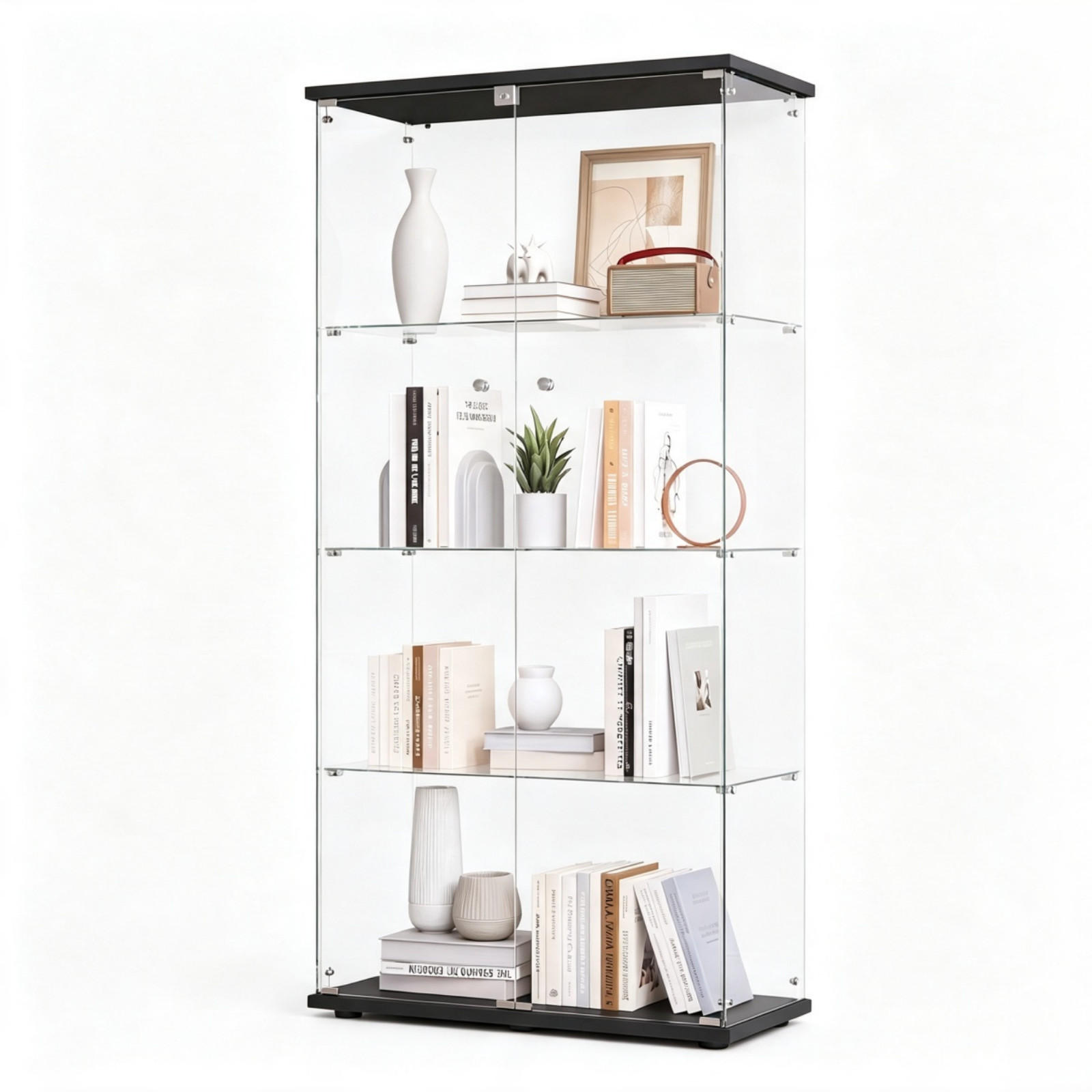 GLASVITRINE Schwarz mit 2 Tür 4 Etagen mit Schloss - Schwarz, Glas (36.32/164.34/80.52cm) - BPKADHY