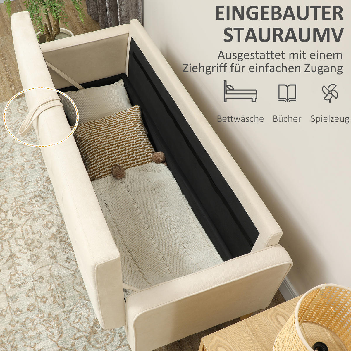 3 Sitzer Sofa, Couch mit Stauraum, Holzbeine, Samtoptik für Wohnzimmer - Creme/Naturfarben, Holz/Textil (62/82/166.5cm) - HOMCOM