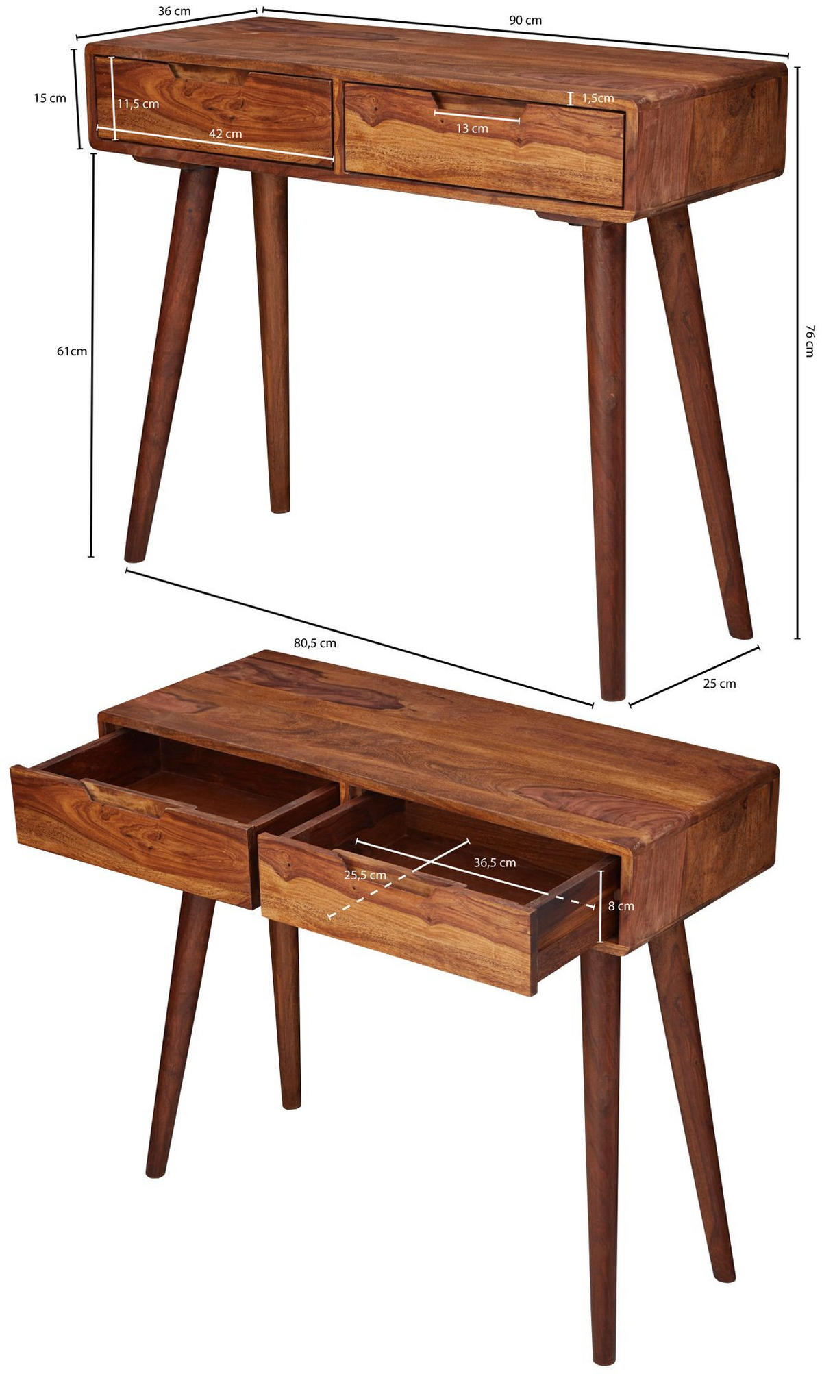 KONSOLENTISCH – Massivholz, 90 cm, handgefertigt, Landhausstil - Braun, Holz (36/90/76cm) - KADIMA DESIGN