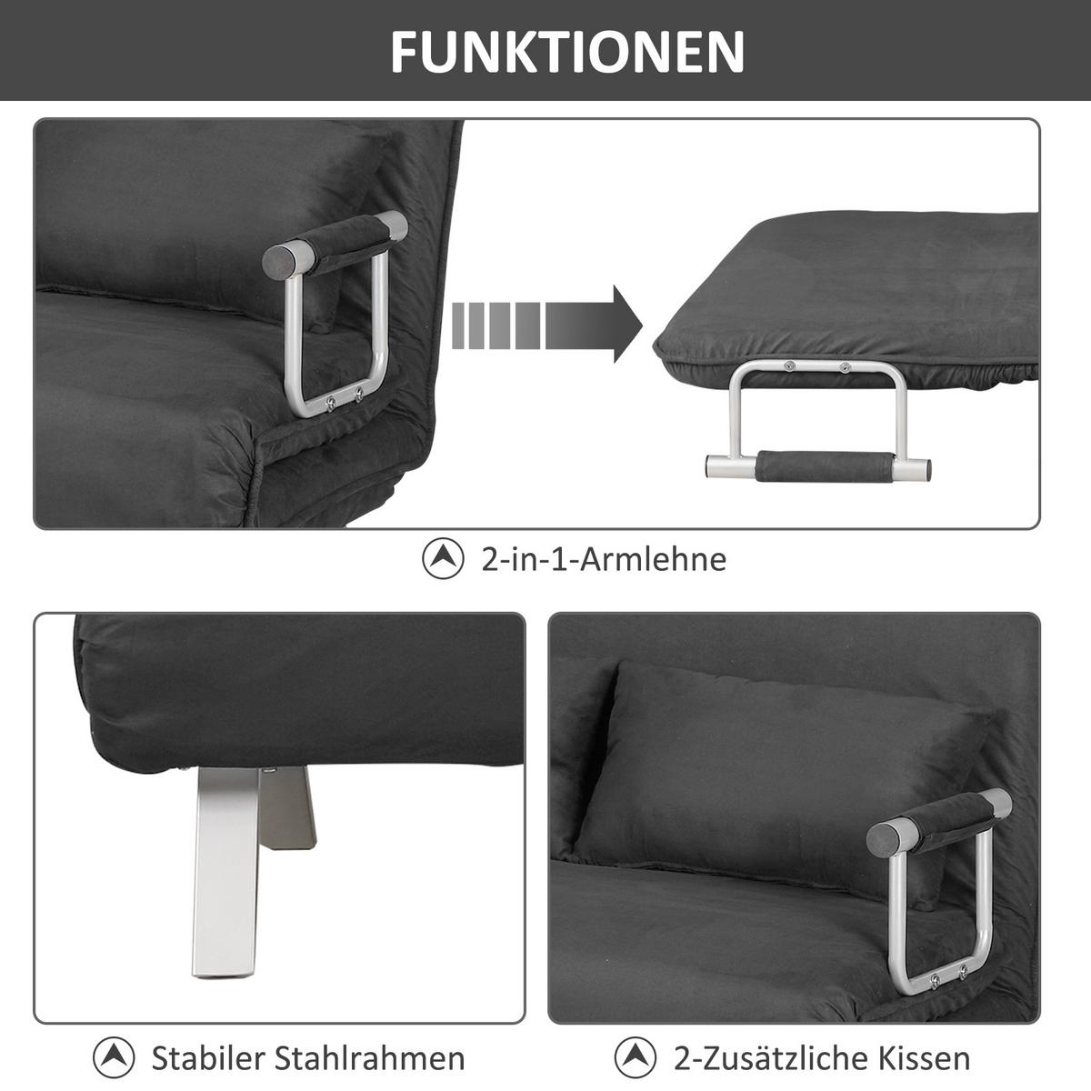 DOPPELSOFA Schlafsessel Armlehne Klappbett Gästebett Chaiselongue 3-in-1 Grau - Silberfarben/Grau, Textil/Metall (80/78/111cm) - HOMCOM