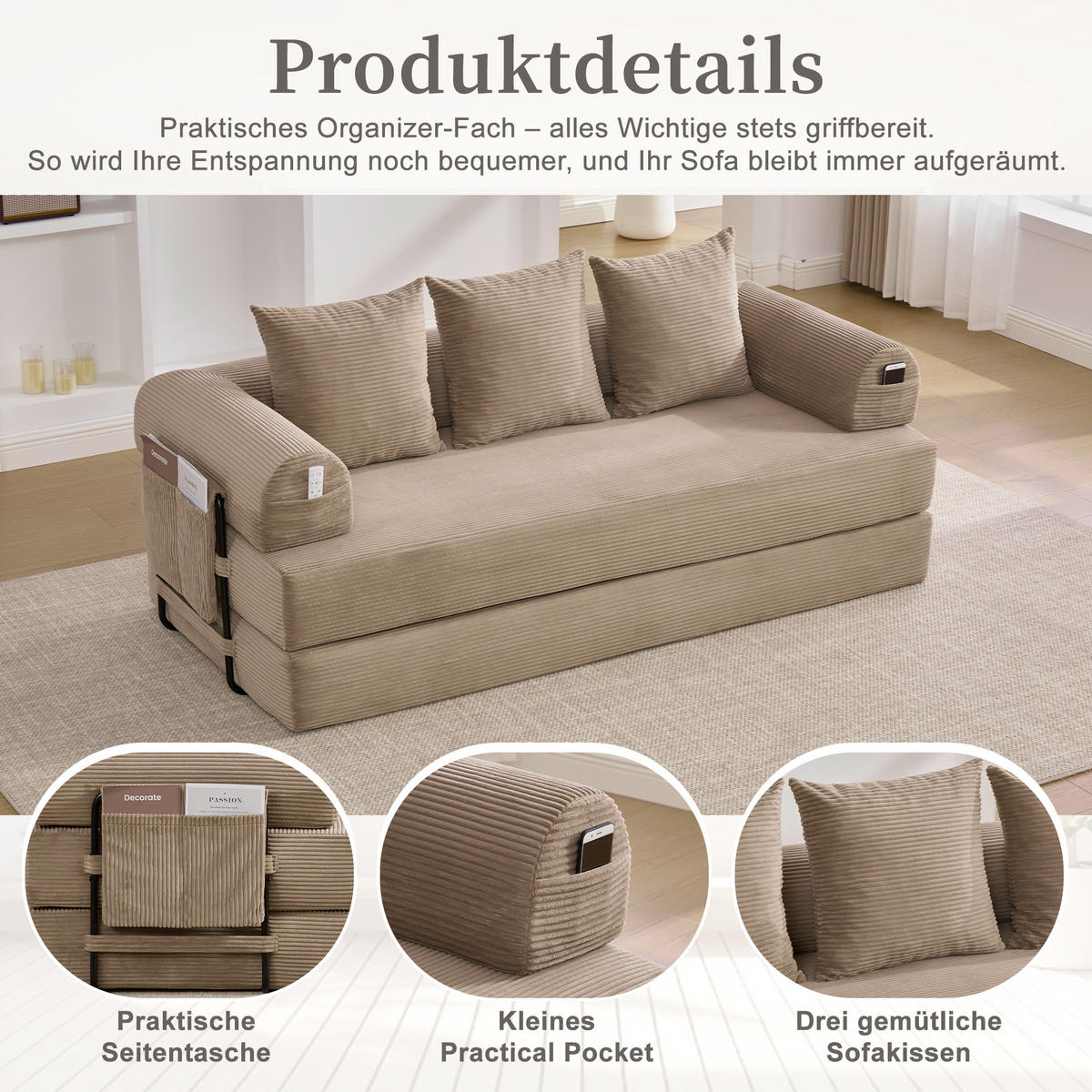 SCHLAFSOFA 200/94/67 cm khaki mit Seitentaschen plus und 3 Kissen - Sandfarben, Textil (200/67/94cm) - Oxeza