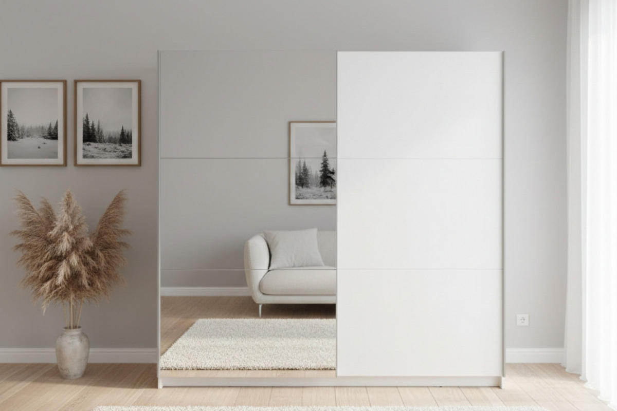 SCHWEBETÜRENSCHRANK ARLO I 200/207 cm in Weiß matt mit Spiegel - Weiß, Holzwerkstoff (201/59/207cm) - Deine Möbel 24