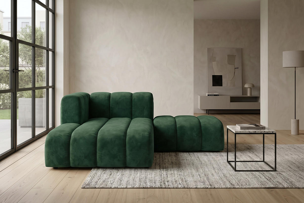 CHAISELONGUE Modulare Mit Hocker, Velvet-Stoff Riviera, Grün, Links, GRAND - Grün, Holz (204/179cm) - Kaiser Möbel