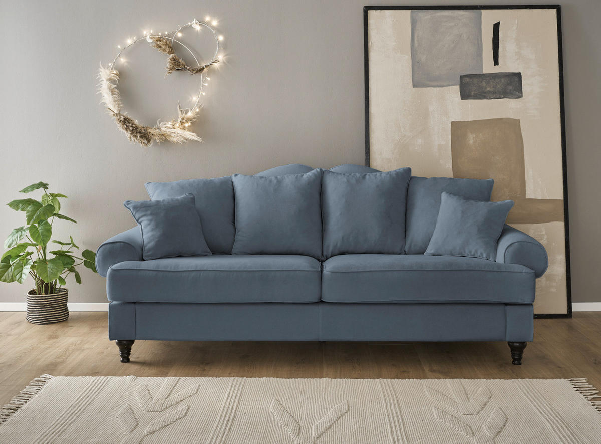SOFA blau Landhaus, Couch 3,5-Sitzer 230 cm - Blau, Holz/Textil (230/95/100cm) - Furn.Design