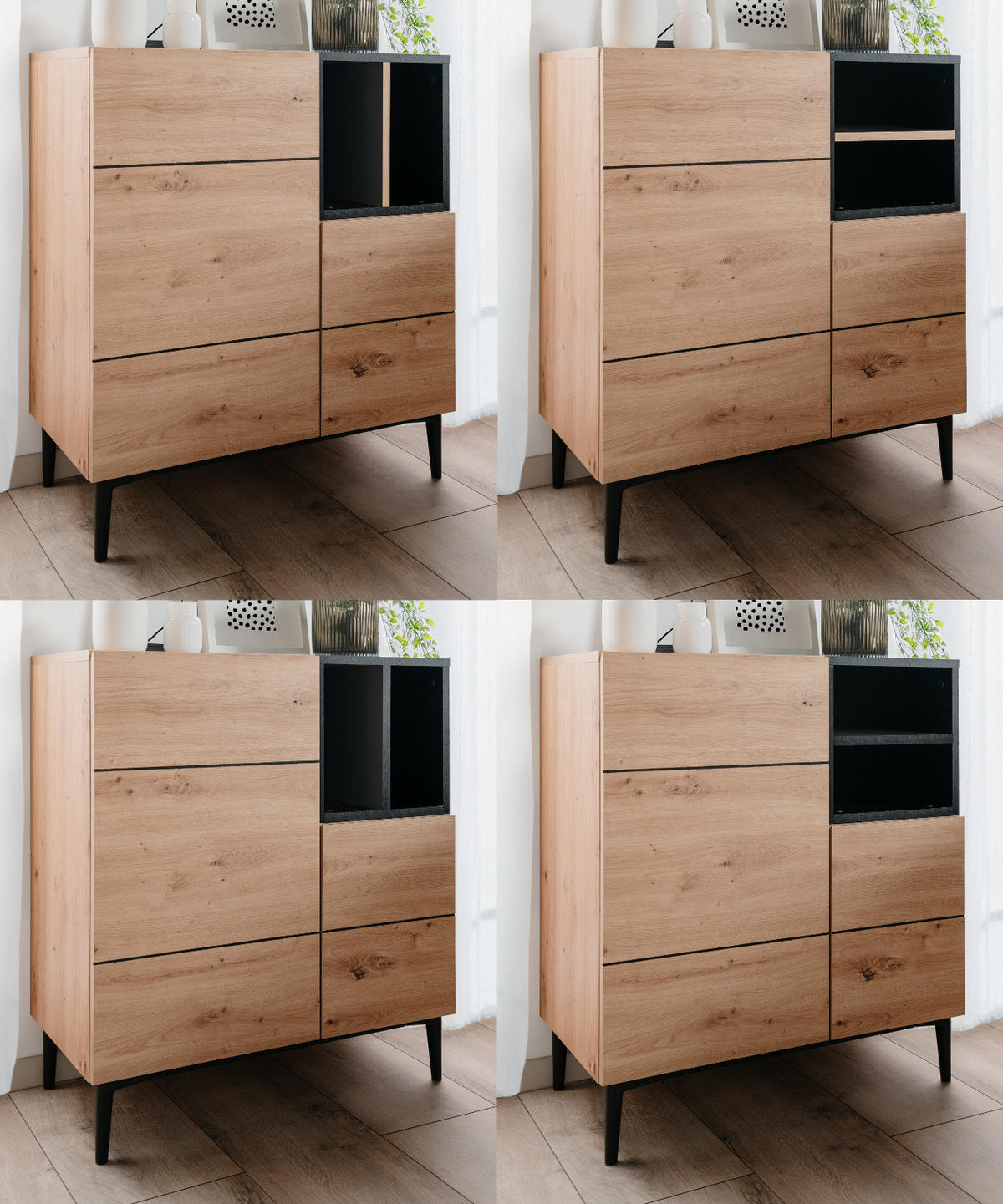 KOMMODE Eiche Artisan, schwarz 80 cm, Anrichte 2-türig mit 7 Fächern - Schwarz/Eiche Artisan, Holzwerkstoff (80/90/42cm) - Furn.Design