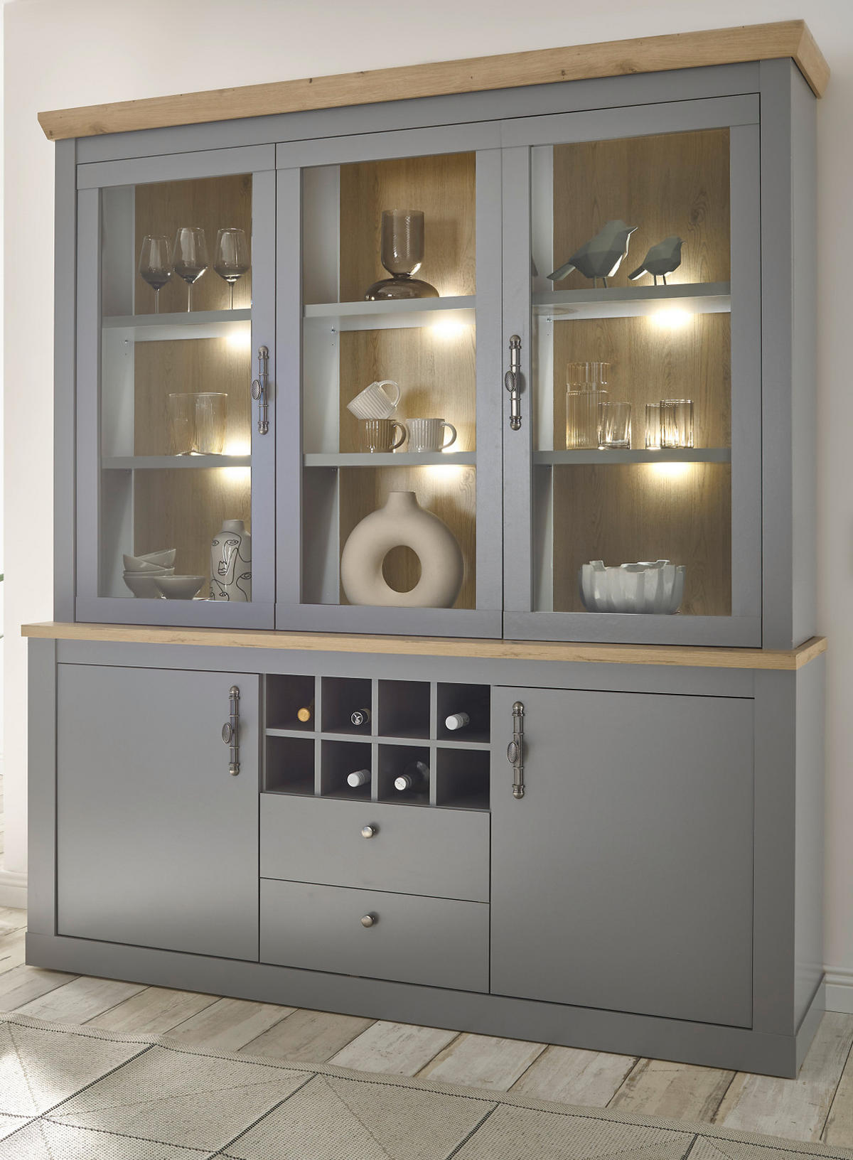 BUFFET grau, Artisan Eiche Landhaus 183 x 200 cm, Buffetschrank mit Weinregal - Silberfarben/Hellgrau, Glas/Holzwerkstoff (183/206/44cm) - Furn.Design