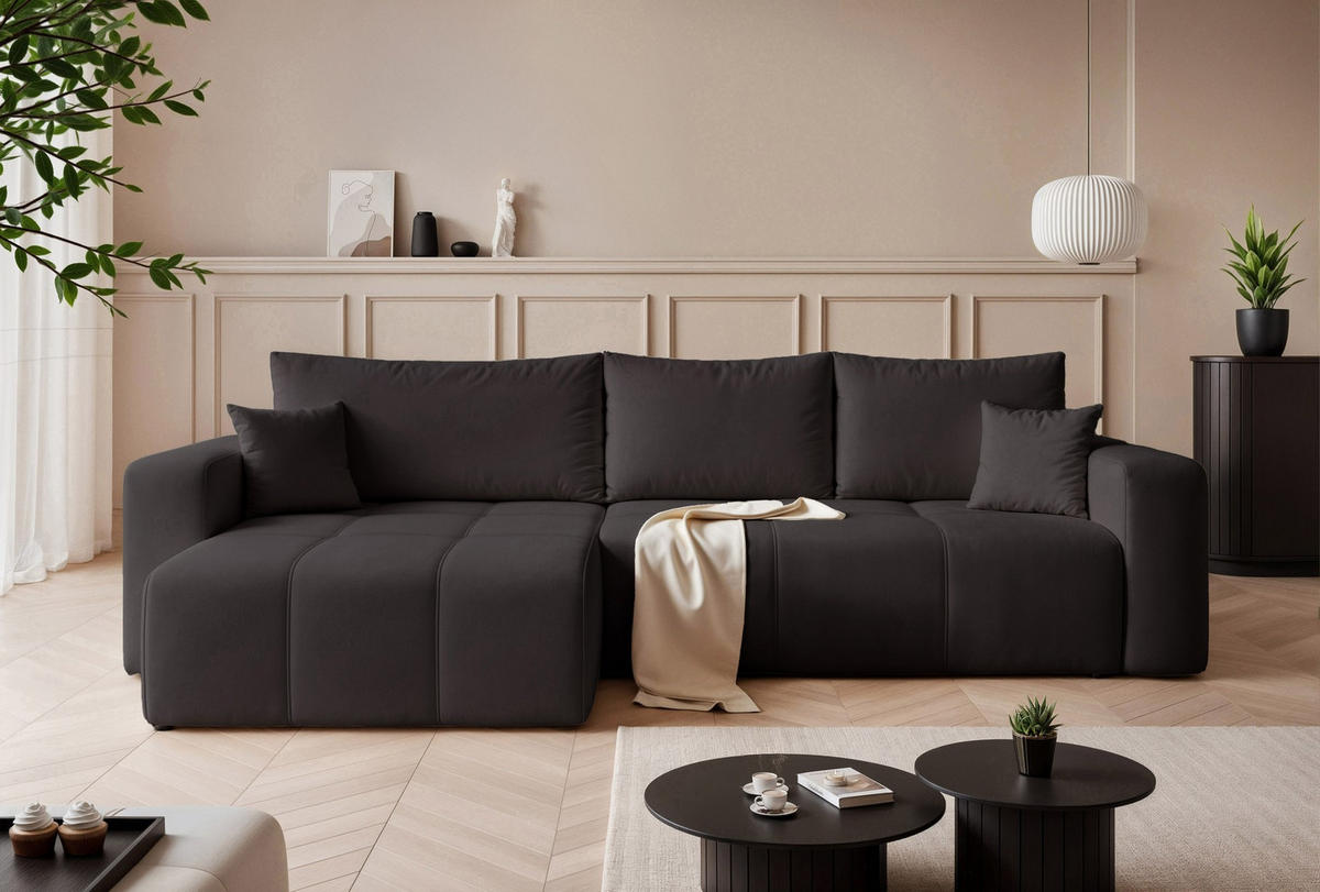 ECKSOFA XL Velours mit Bettkasten und Schlaffunktion - Schwarz, Holzwerkstoff/Textil (278/145cm) - Idohome