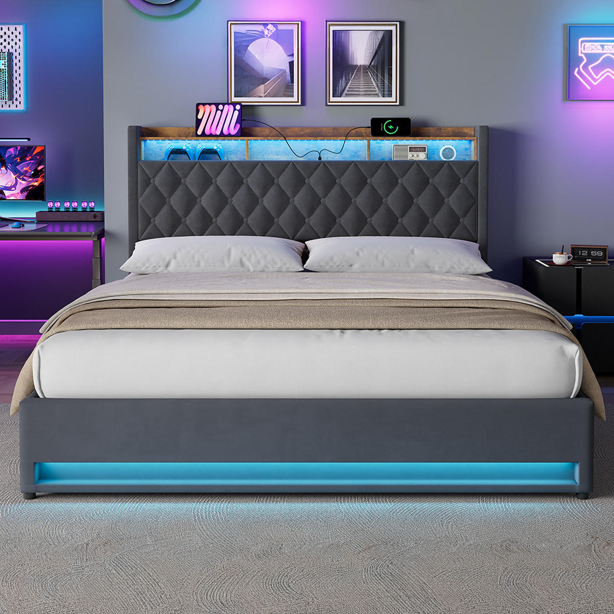 ČALOUNĚNÁ POSTEL 180/200 cm s úložným prostorem a zásuvkou, boxspringová postel s USB a LED osvětlením - šedá, kov/kompozitní dřevo (180/200cm) - STILVORA