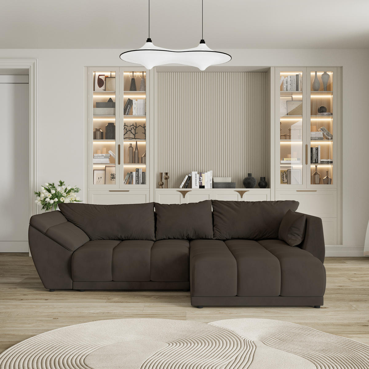 ECKSOFA ORENTI R-S Braun Velours-Stoff mit Schlaffunktion - Braun, Holz (287/182cm) - MASSENO