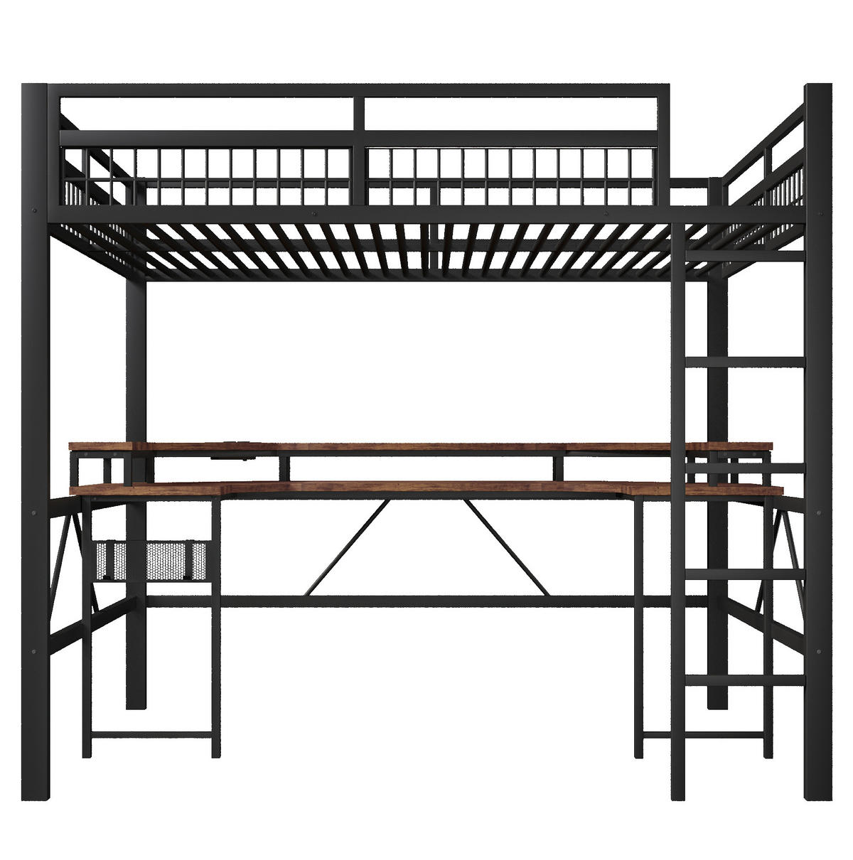 HOCHBETT 140/200 cm mit LED-Lichtleiste, Schreibtisch, USB-C und Lochwand, Schwarz - Schwarz, Metall (140/200cm) - Redom