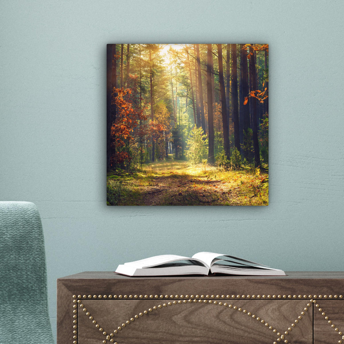 LEINWANDBILD Wald - Herbst - Bäume Deko Wohnzimmer 20x20 cm - Dunkelgrün, Textil (20/20cm) - MuchoWow