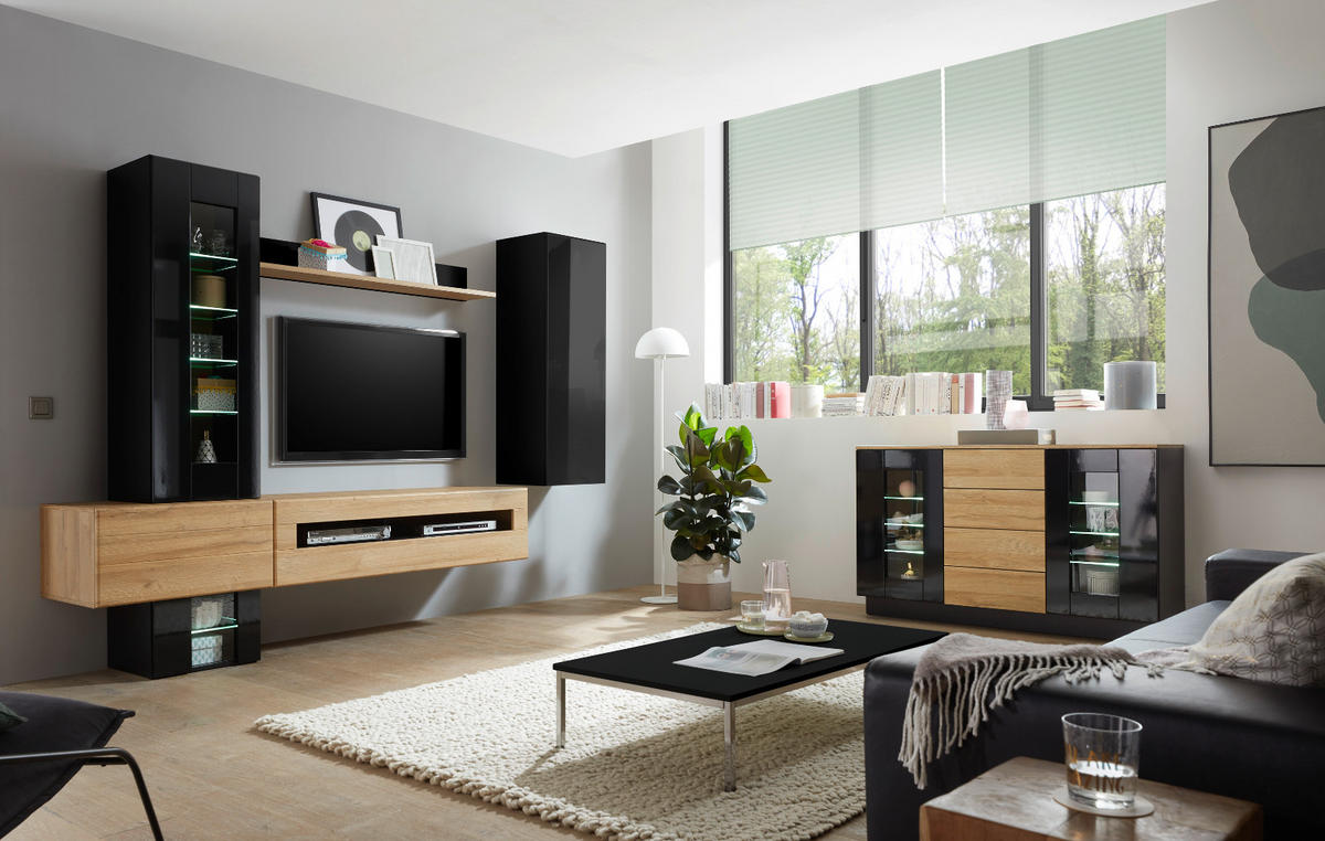 SIDEBOARD schwarz Hochglanz, Grandson Eiche, Kommode 136 x 85 cm - Schwarz Hochglanz/Eichefarben, Glas/Holzwerkstoff (136/85/43cm) - Furn.Design