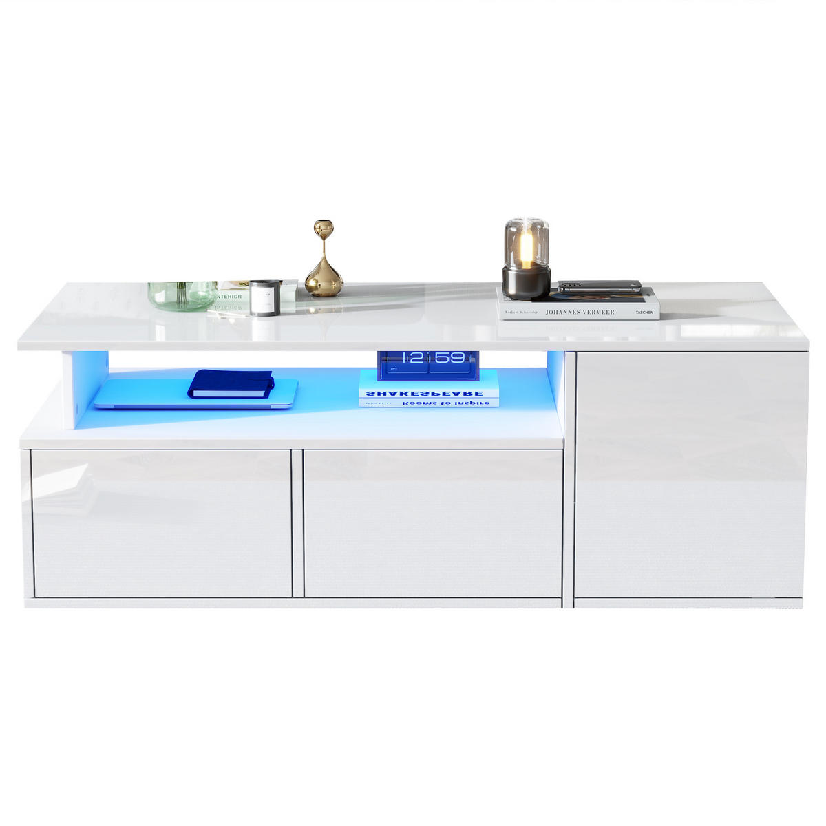 COUCHTISCH 100/50/35 cm Weiß mit 2 Schubladen und LED-Beleuchtung - Weiß, Holzwerkstoff (100/50/35cm) - OKWISH