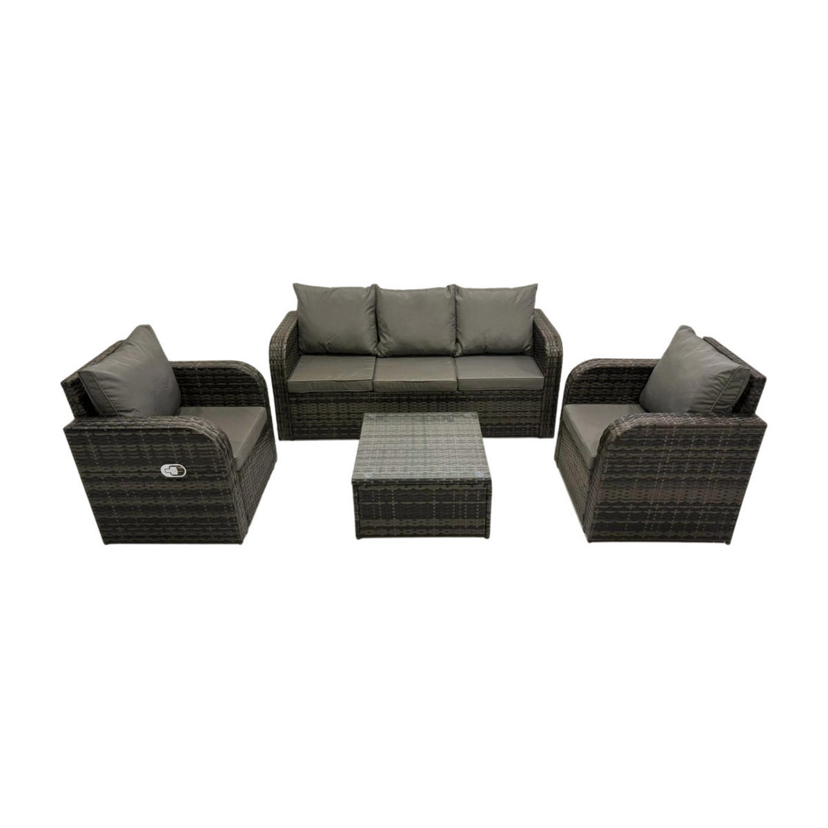 GARTENMÖBELGARNITUR mit KISSEN Polyrattan Dunkelgrau 5-Sitzer - Dunkelgrau/Grau, Glas/Kunststoff - Fimous